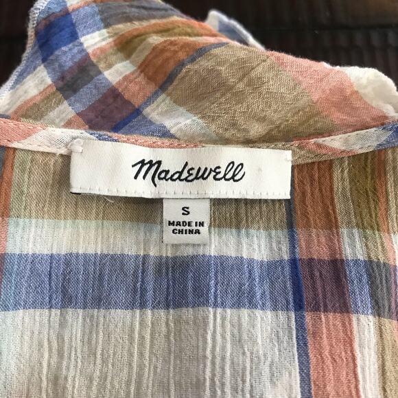 Madewell V Neck Shoulder Ruffle Top Blouse Shady Plaid Rusted Tin Small EUC - Picture 11 of 11